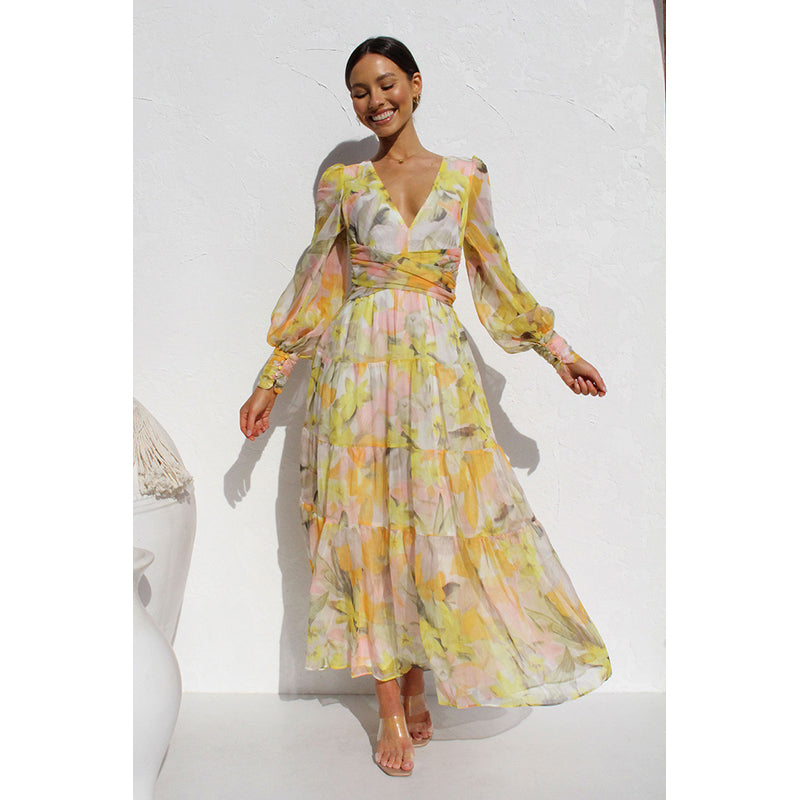 Yellow Floral Printed Puff Sleeve Maxi Dress