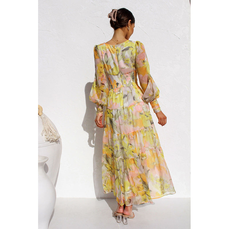 Yellow Floral Printed Puff Sleeve Maxi Dress