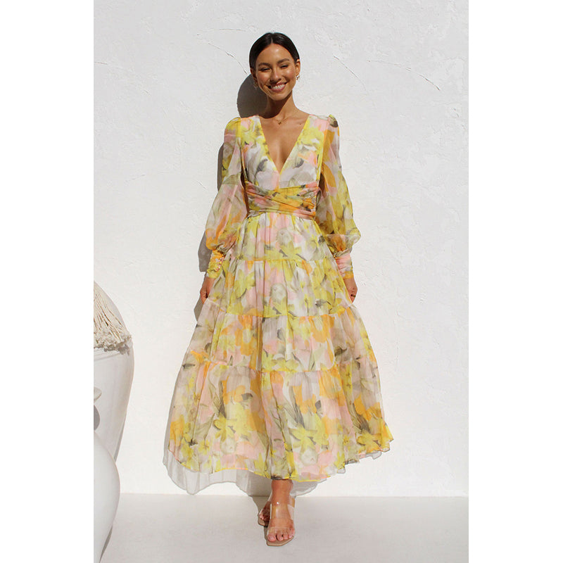 Yellow Floral Printed Puff Sleeve Maxi Dress