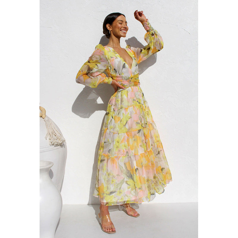 Yellow Floral Printed Puff Sleeve Maxi Dress
