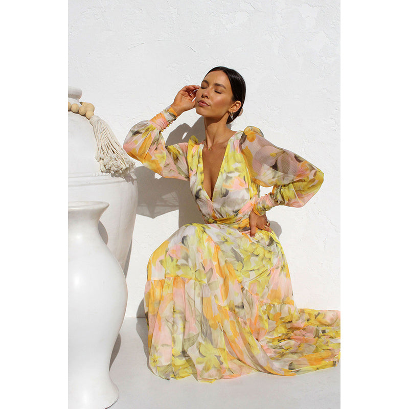 Yellow Floral Printed Puff Sleeve Maxi Dress