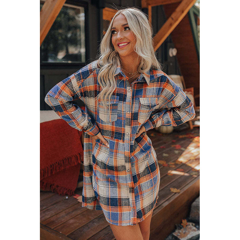 Blue Checked Shirt Mini Dress