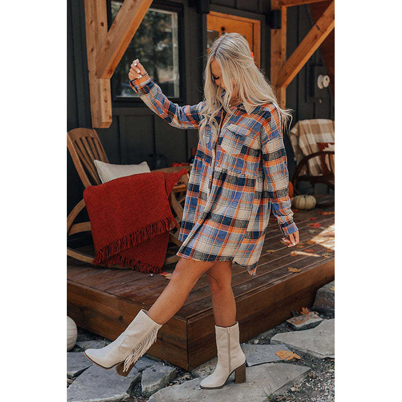 Blue Checked Shirt Mini Dress