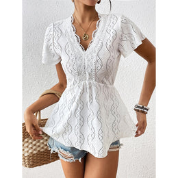 Women Lace Inserts Schiffli Peplum Top