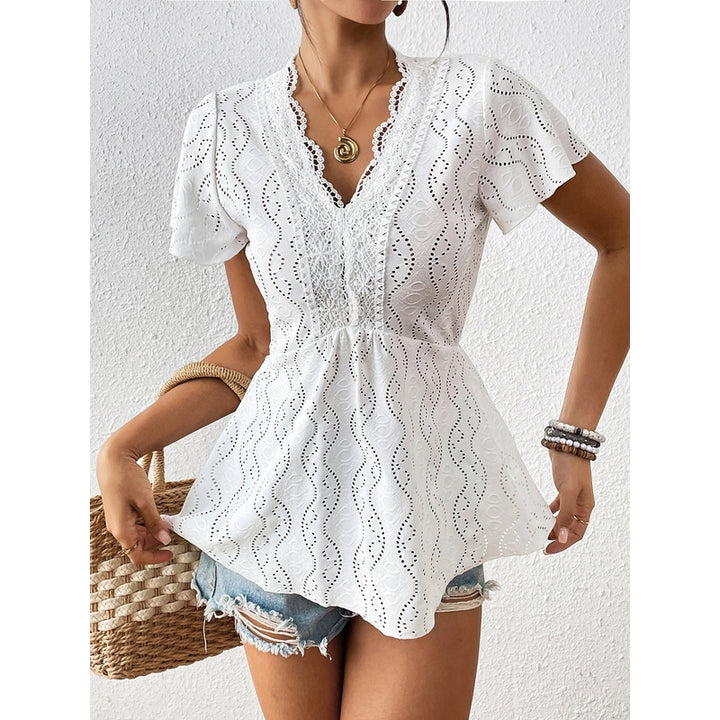 Women Lace Inserts Schiffli Peplum Top