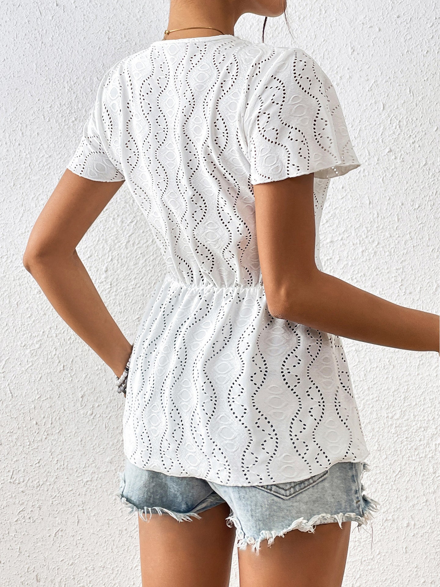Women Lace Inserts Schiffli Peplum Top