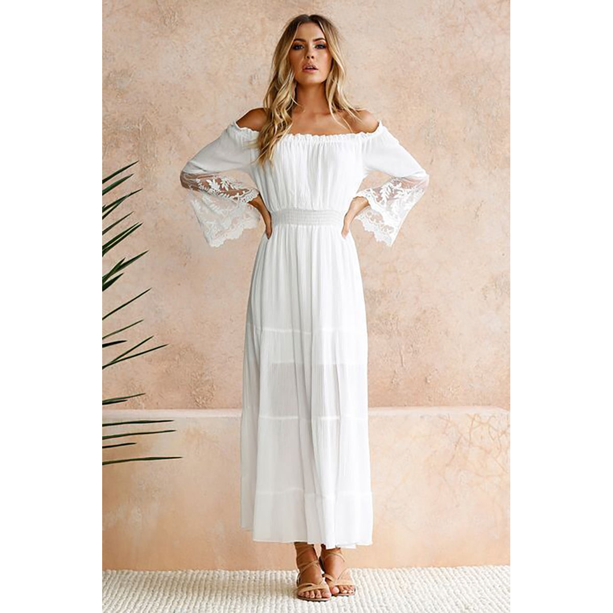 Solid White Self Design Off-Shoulder Cotton Maxi Tiered Dress