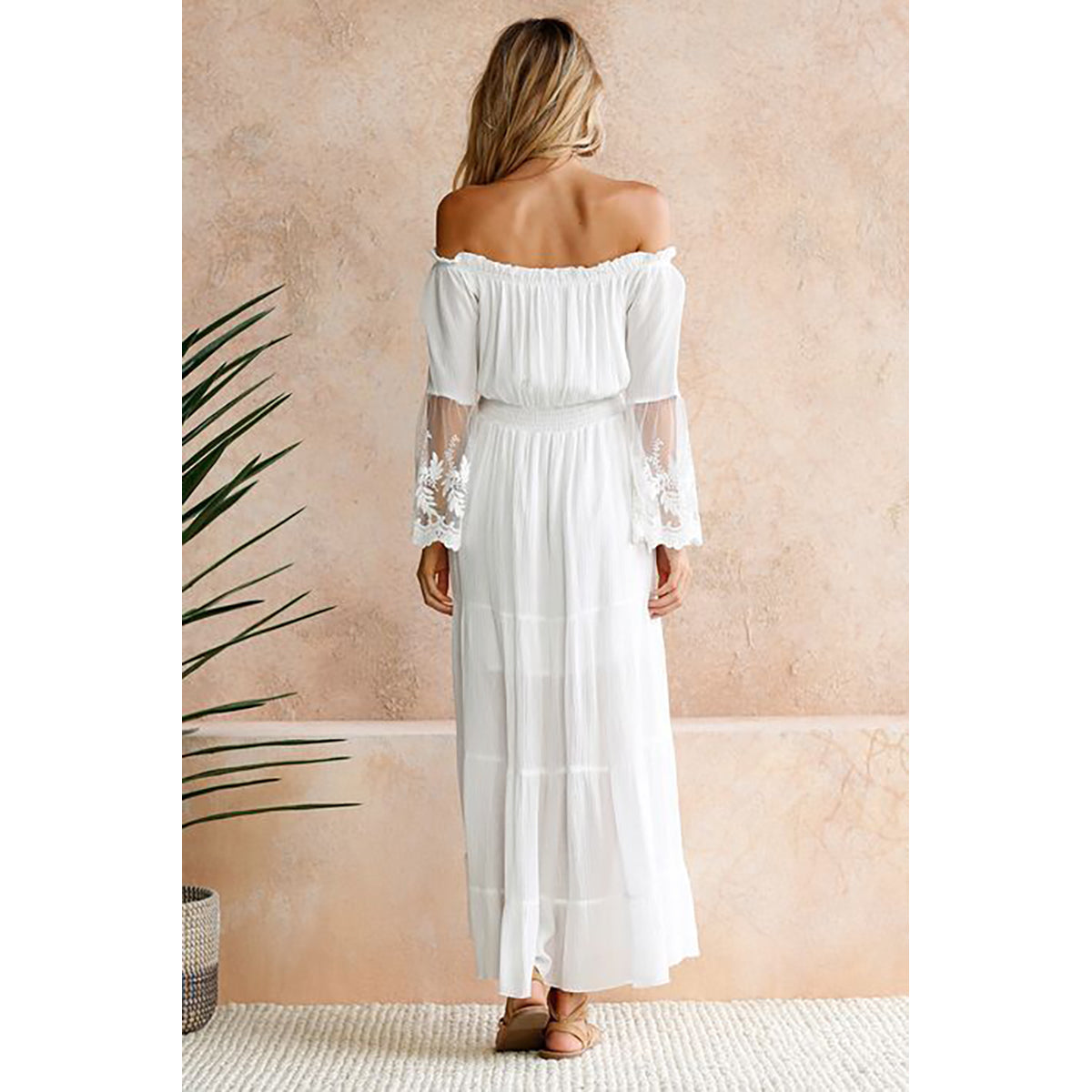 Solid White Self Design Off-Shoulder Cotton Maxi Tiered Dress
