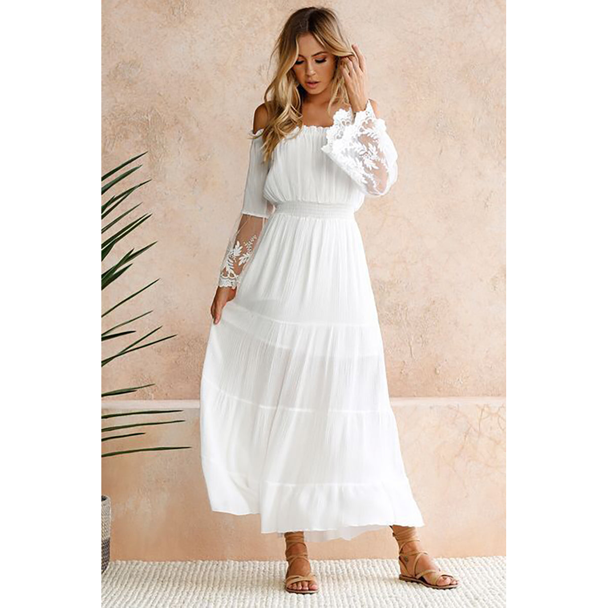 Solid White Self Design Off-Shoulder Cotton Maxi Tiered Dress