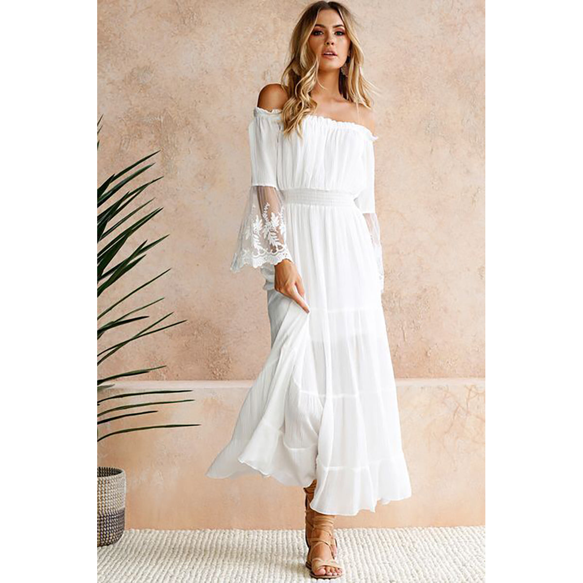 Solid White Self Design Off-Shoulder Cotton Maxi Tiered Dress