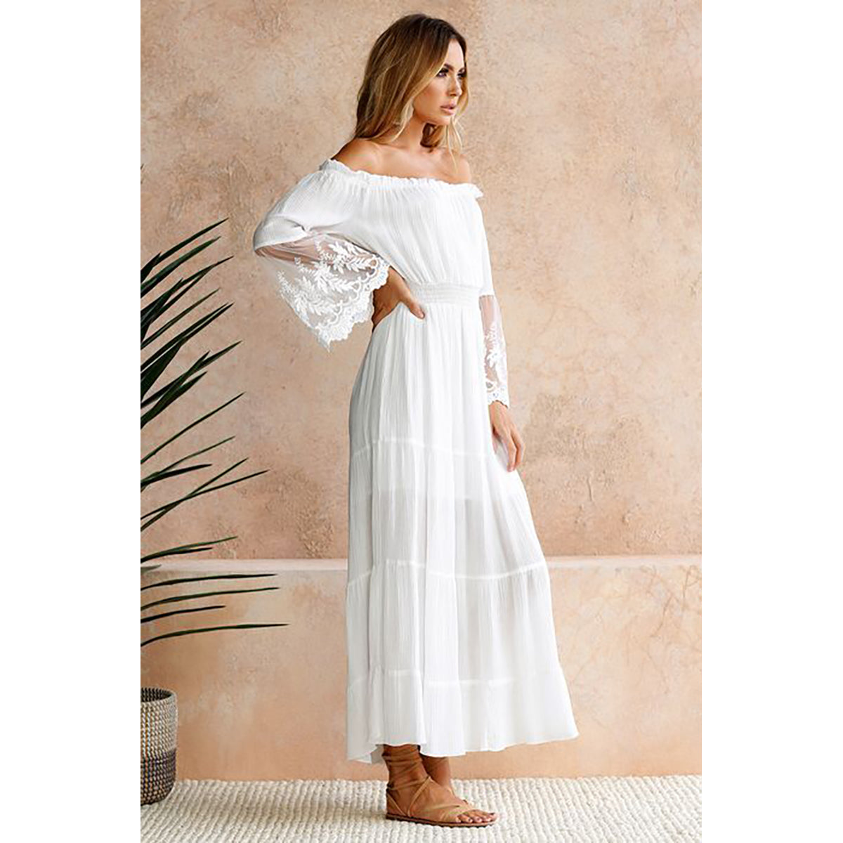 Solid White Self Design Off-Shoulder Cotton Maxi Tiered Dress
