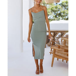 Green Solid Print Shoulder Straps Bodycon Midi Dress