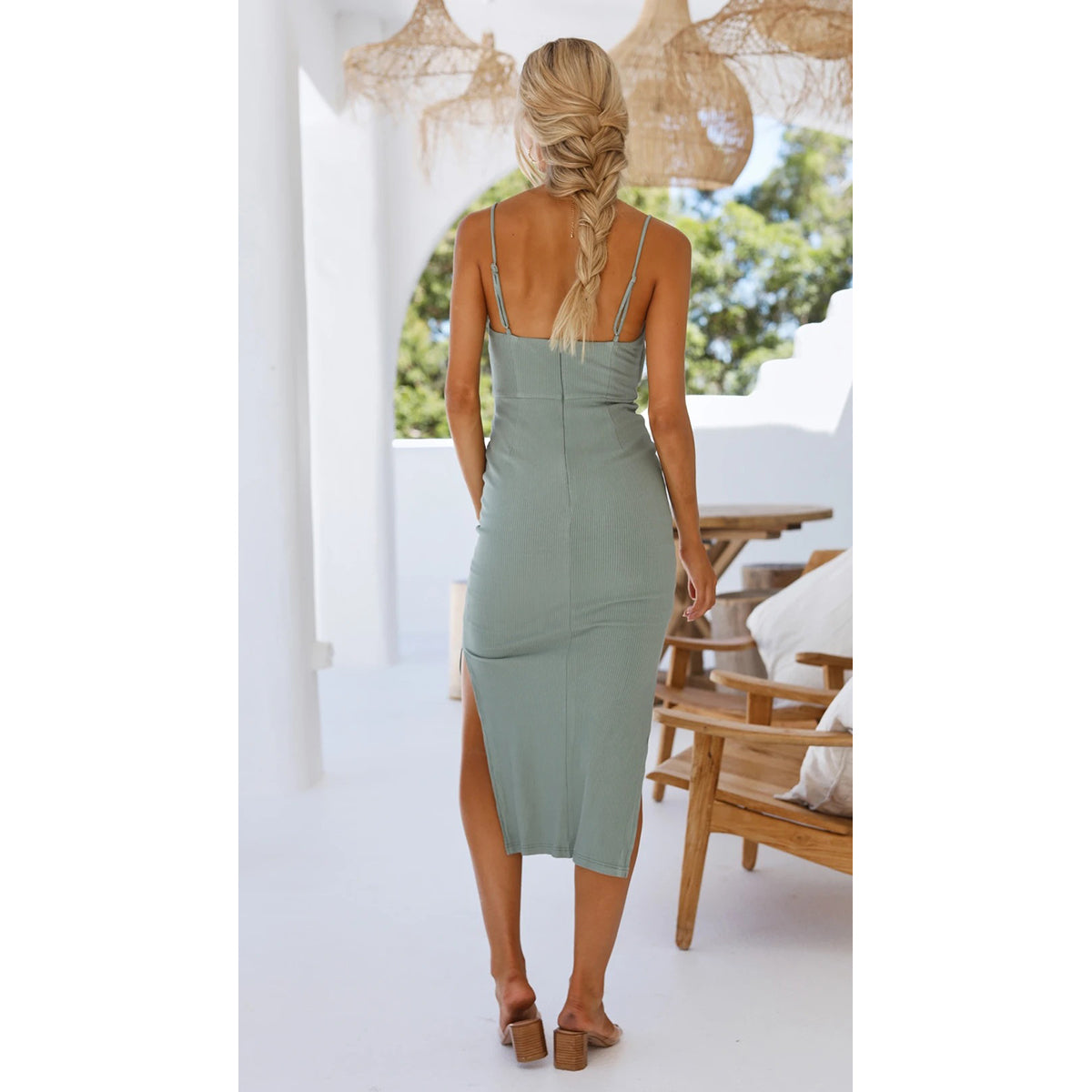 Green Solid Print Shoulder Straps Bodycon Midi Dress