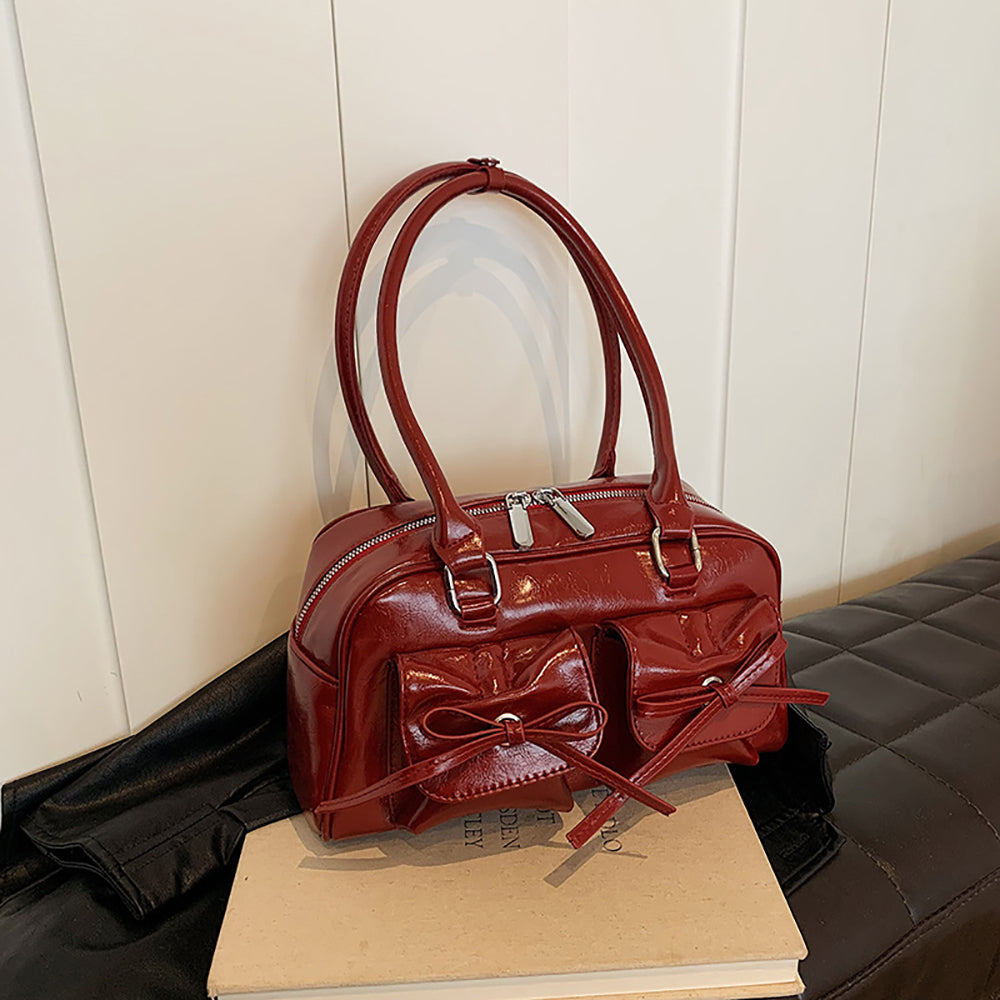 Red Solid Two Handles Handheld Bag