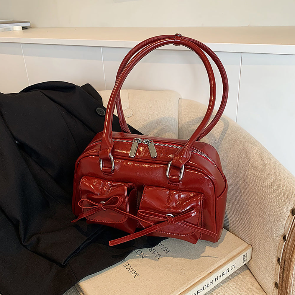 Red Solid Two Handles Handheld Bag