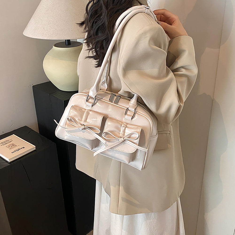 White Solid Two Handles Handheld Bag