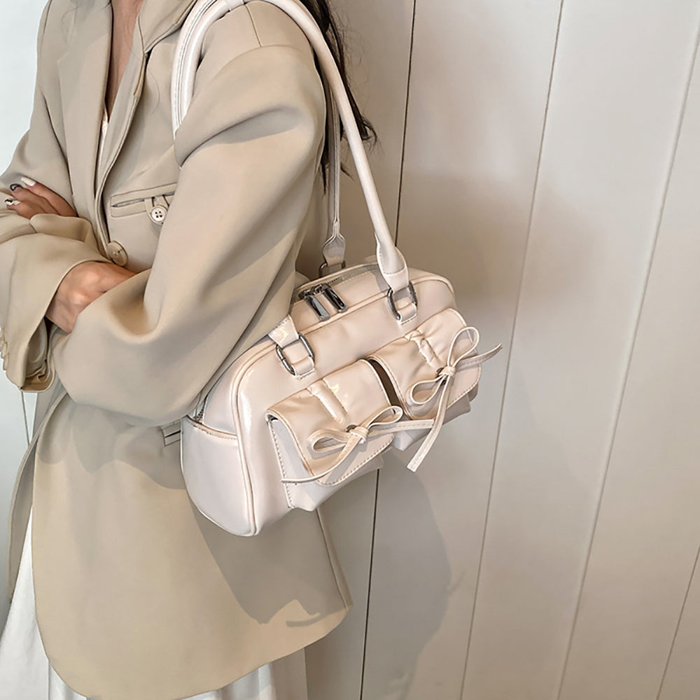 White Solid Two Handles Handheld Bag