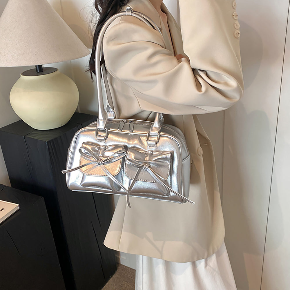 Silver Solid Two Handles Handheld Bag