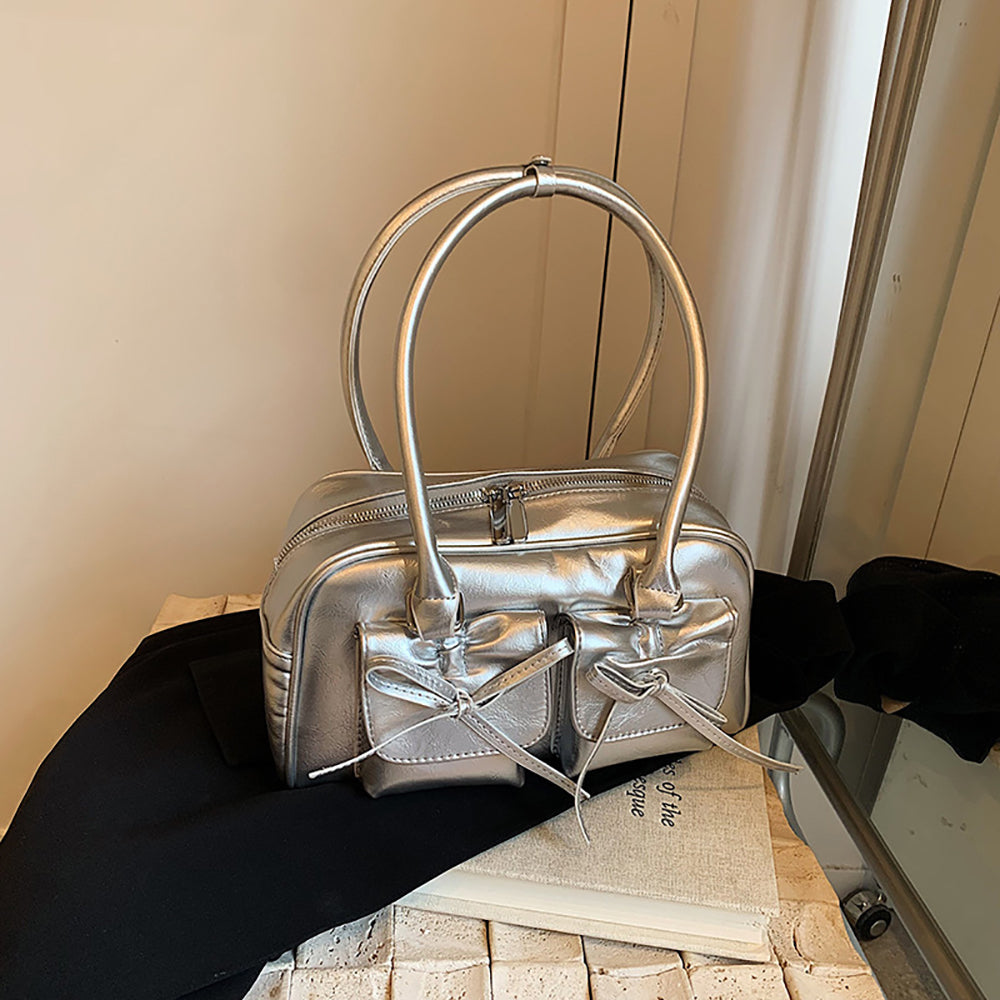 Silver Solid Two Handles Handheld Bag