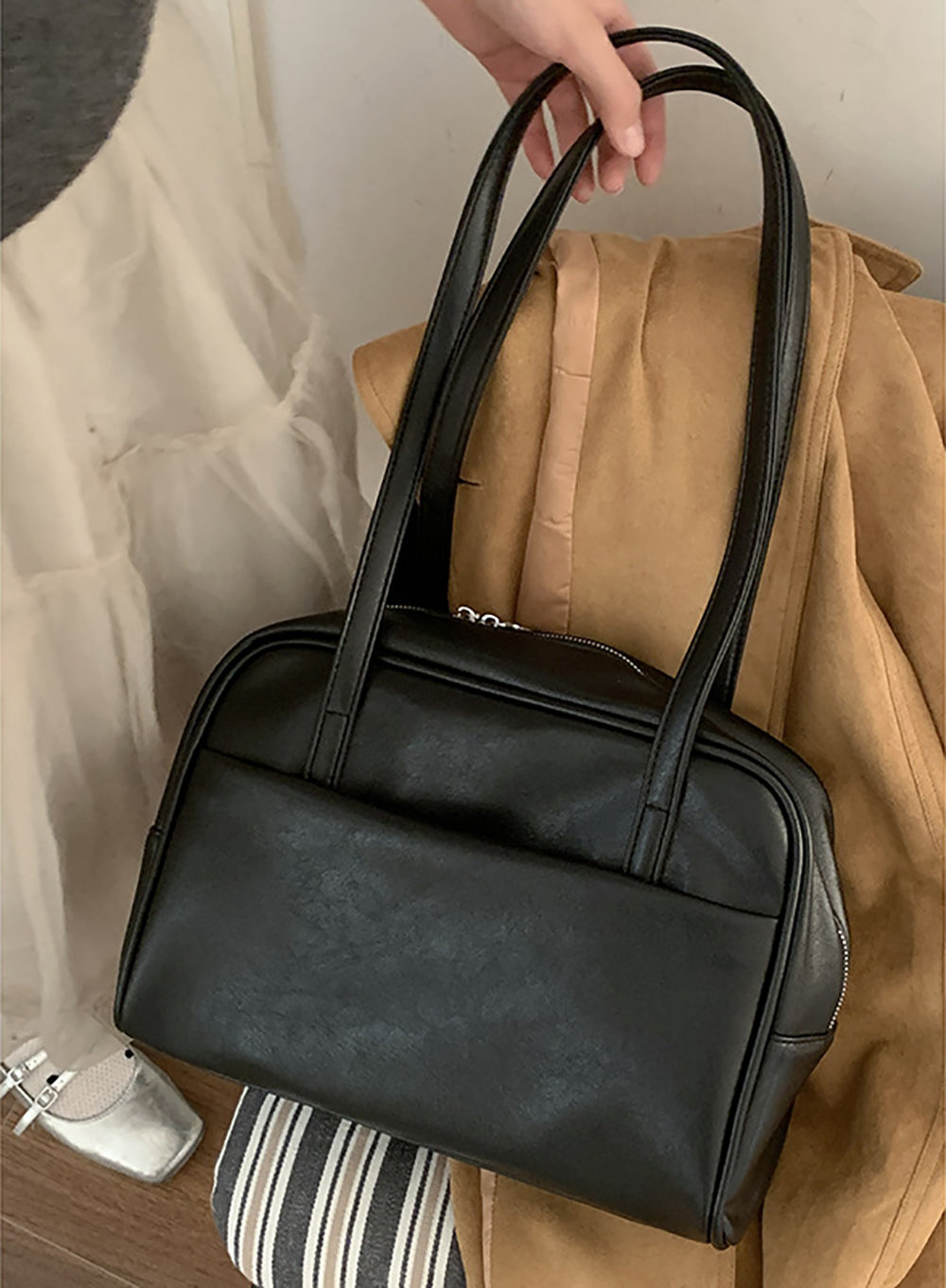 Black Solid Two Handles Shoulder Bag
