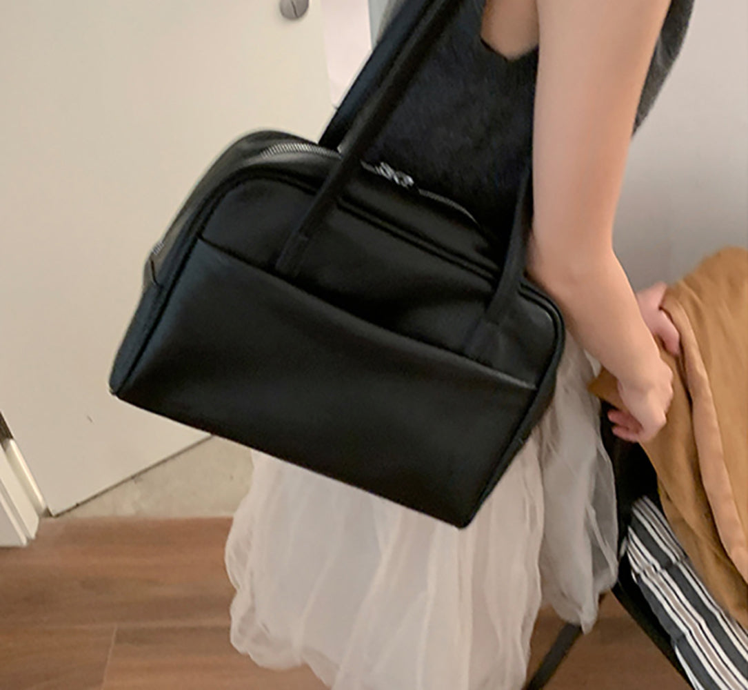 Black Solid Two Handles Shoulder Bag