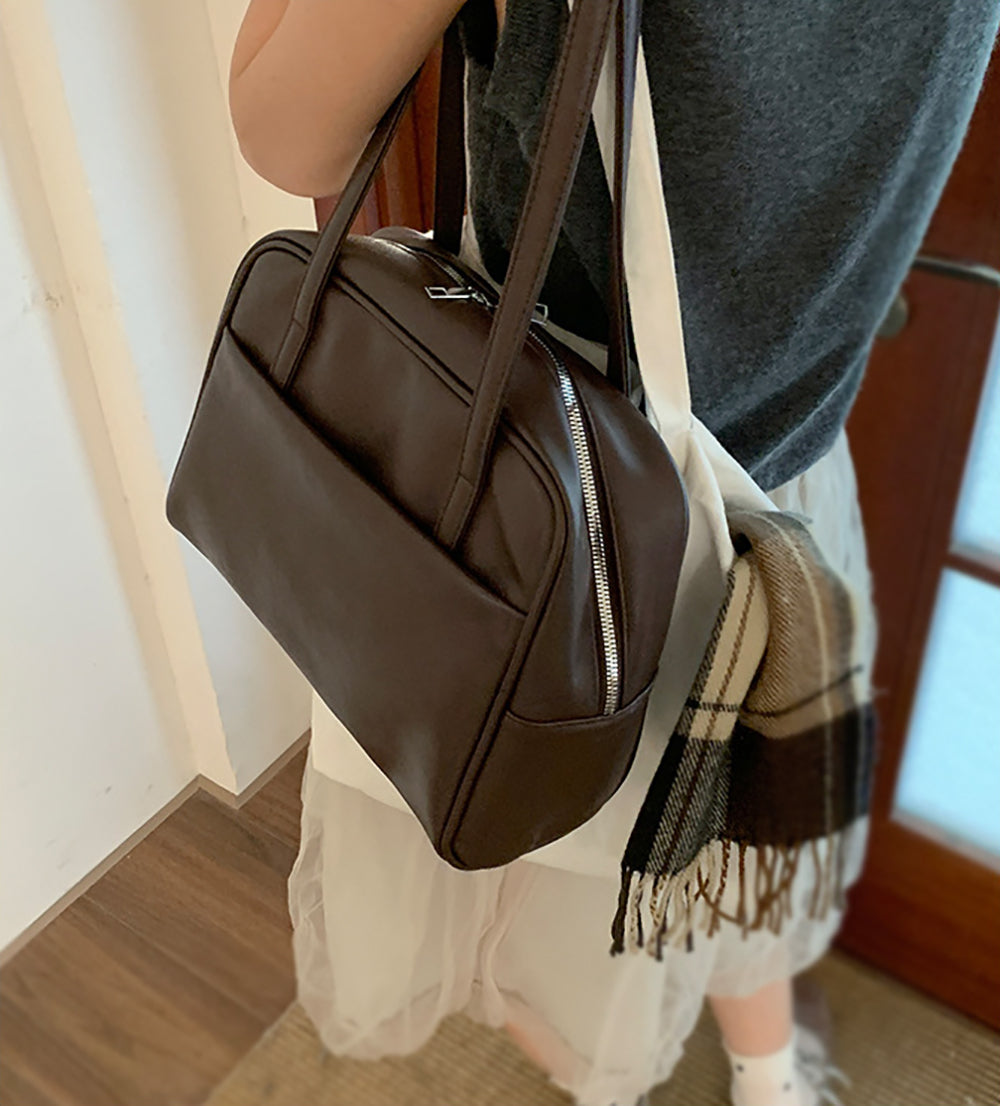 Coffee Solid Two Handles Shoulder Bag