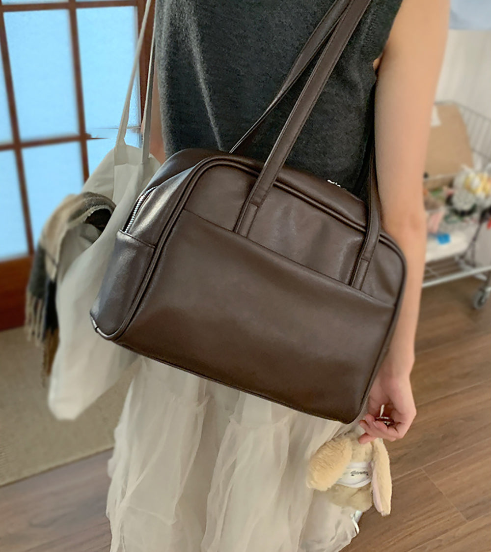 Coffee Solid Two Handles Shoulder Bag