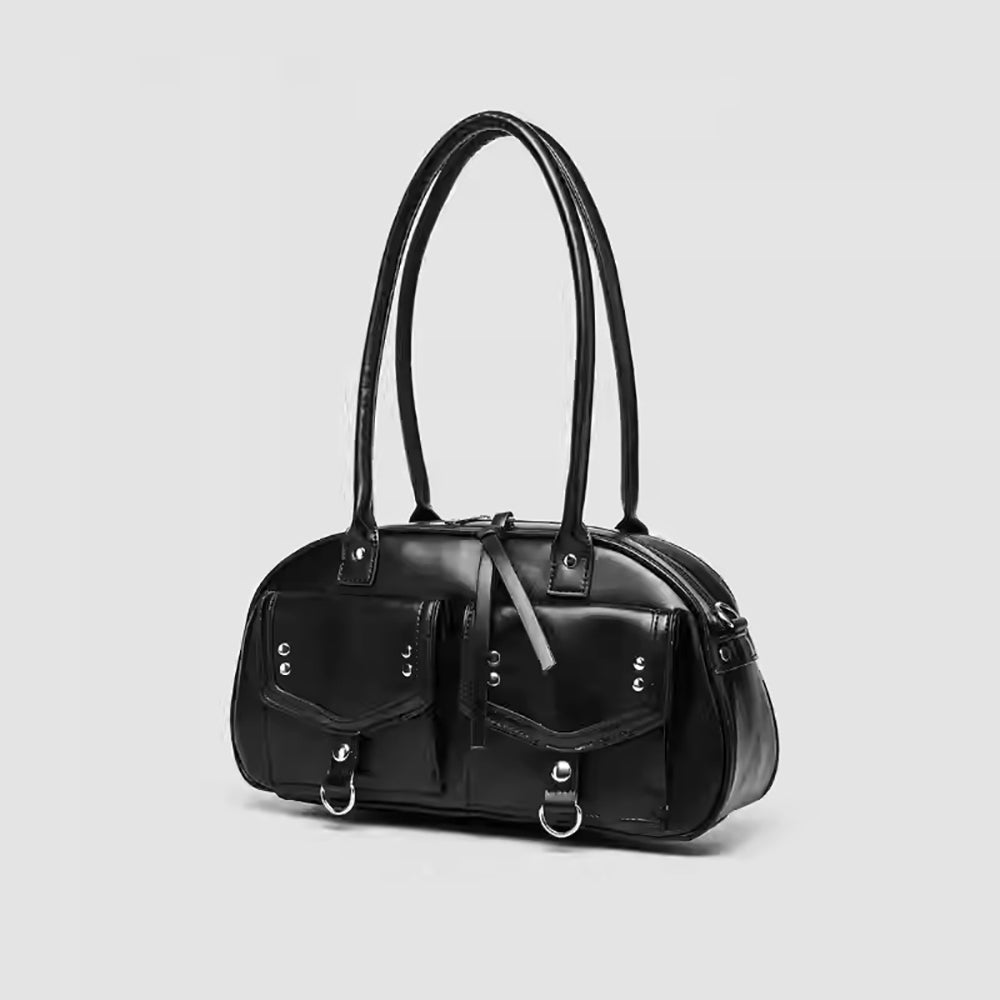 Black Solid Two Handles Shoulder Bag