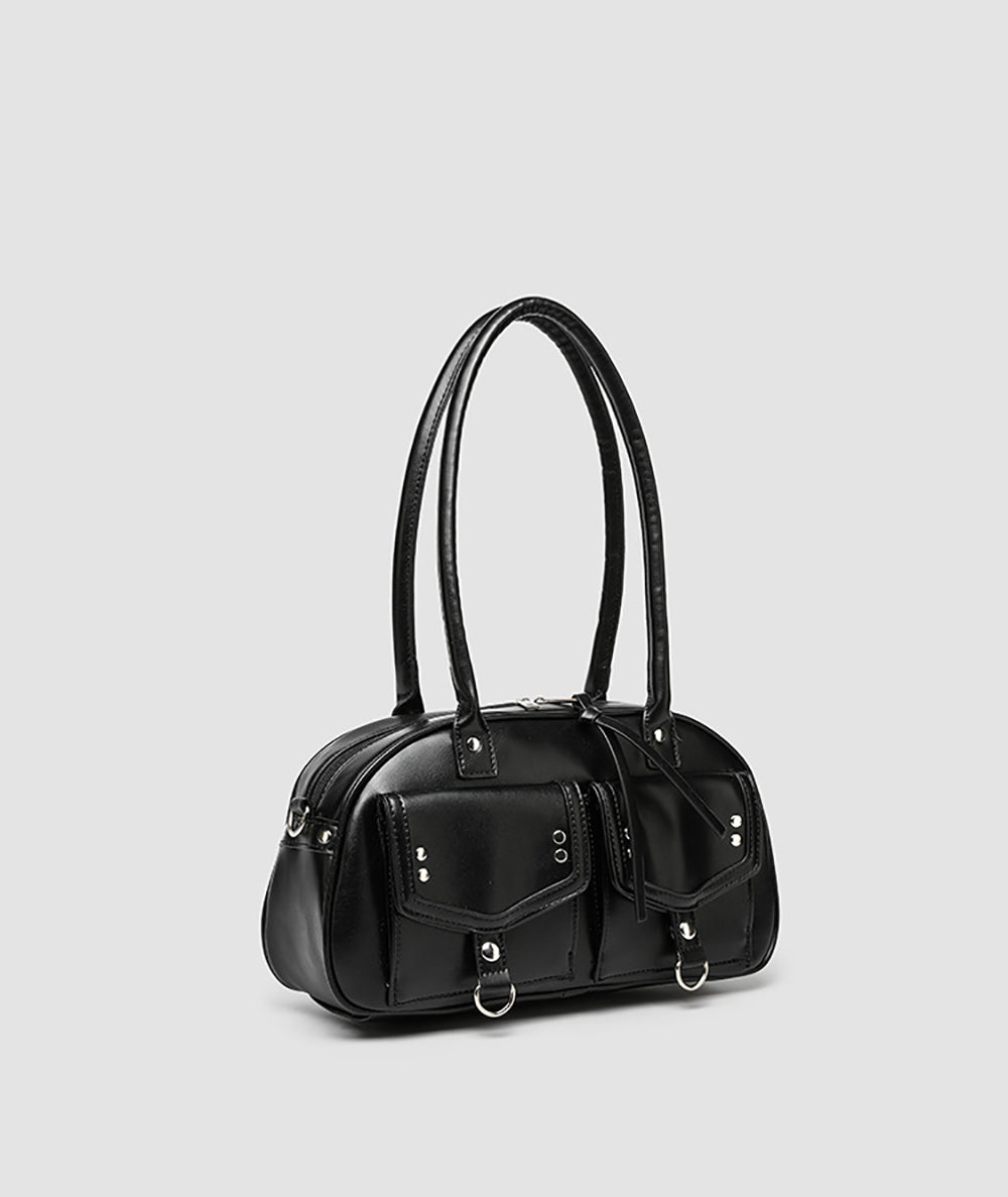 Black Solid Two Handles Shoulder Bag