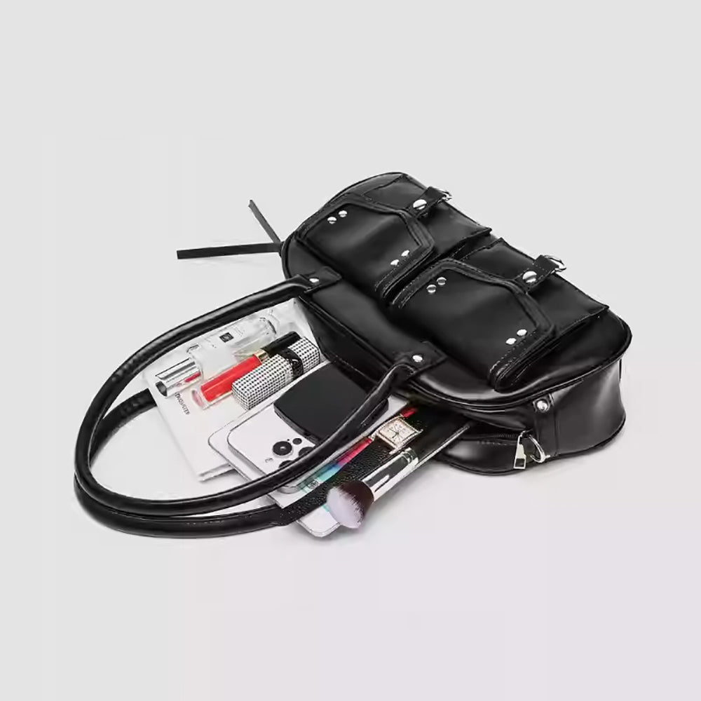 Black Solid Two Handles Shoulder Bag