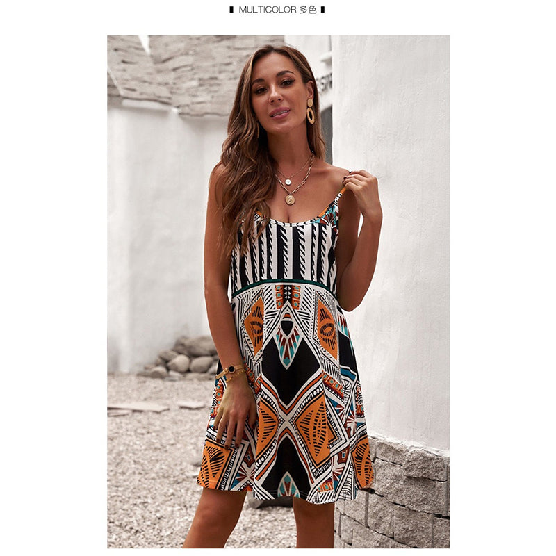 Orange & White Geometric Printed A-Line Dress