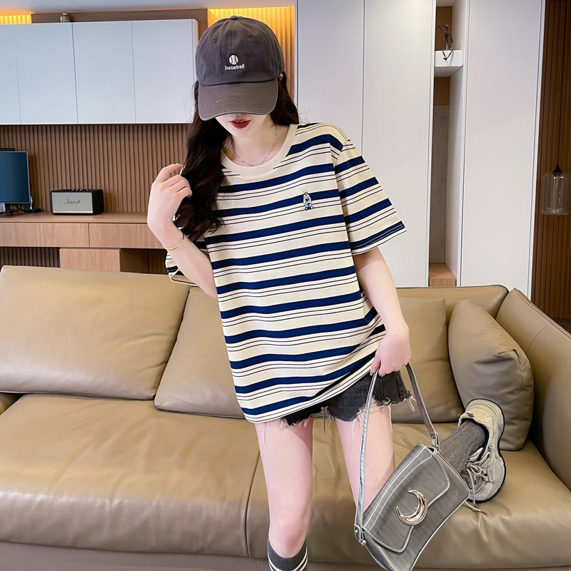 Women Horizontal Stripes Print Round Neck Cotton Top