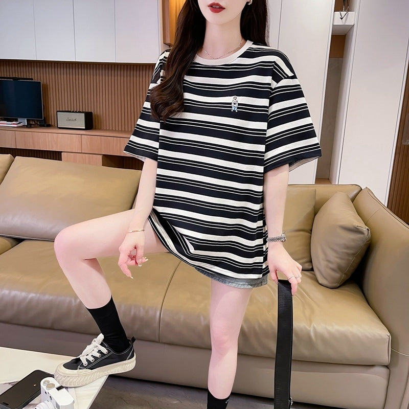 Women Striped Drop-Shoulder Sleeves Oversized T-shirt