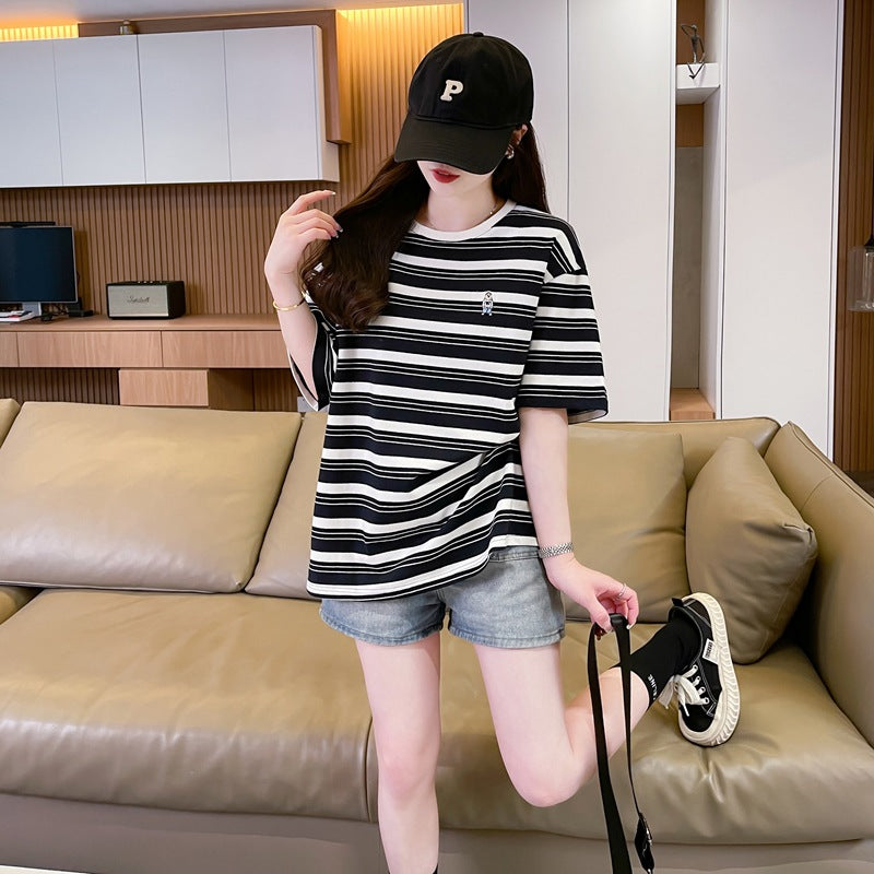 Women Striped Drop-Shoulder Sleeves Oversized T-shirt