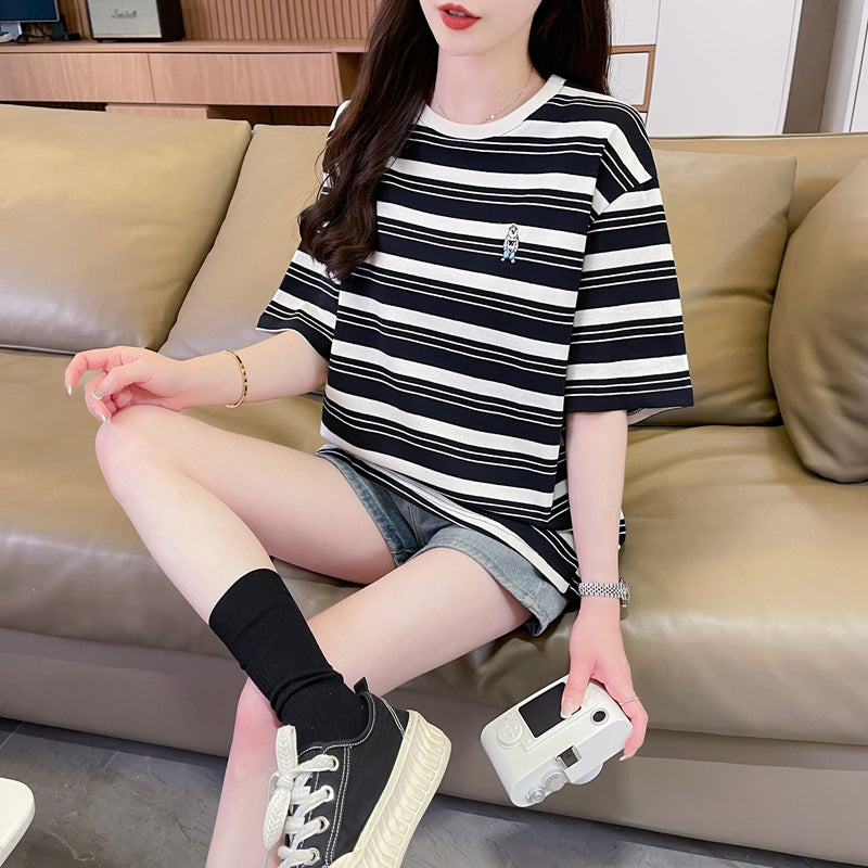 Women Striped Drop-Shoulder Sleeves Oversized T-shirt