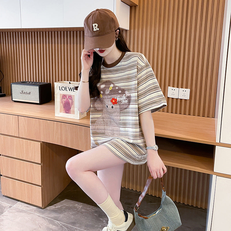 Women Striped Round Neck Cotton Oversized T-shirt