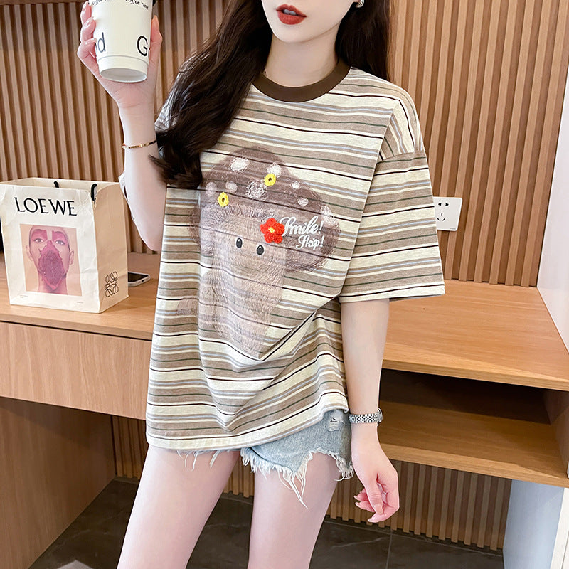 Women Striped Round Neck Cotton Oversized T-shirt