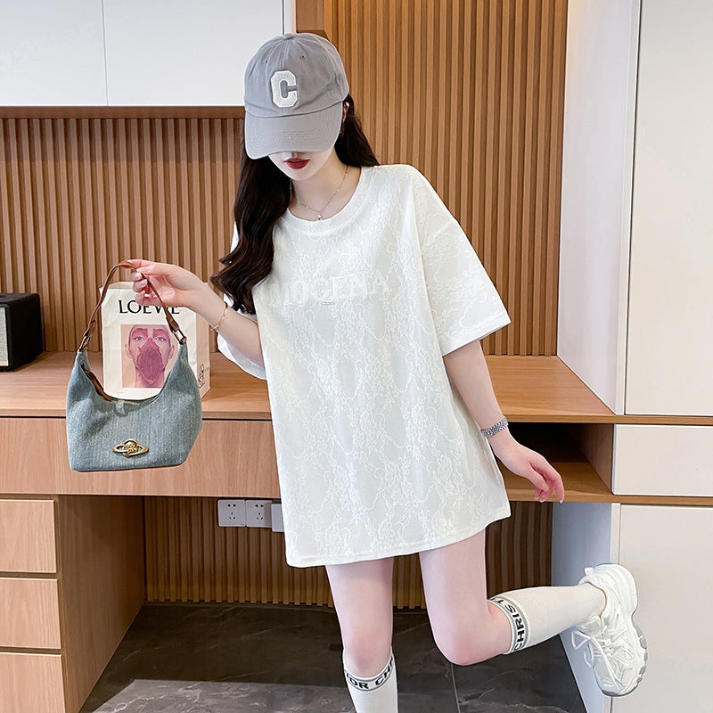 Women Self Design Round Neck Cotton Oversized T-shirt