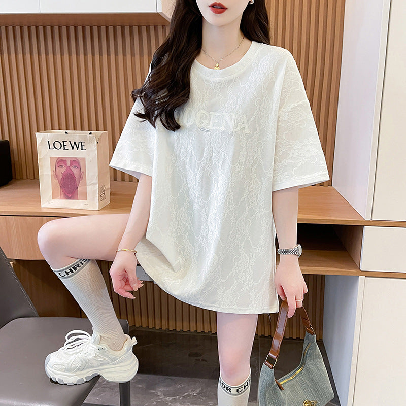 Women Self Design Round Neck Cotton Oversized T-shirt