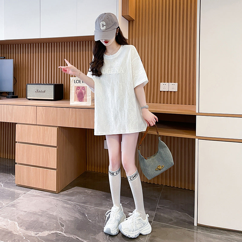 Women Self Design Round Neck Cotton Oversized T-shirt