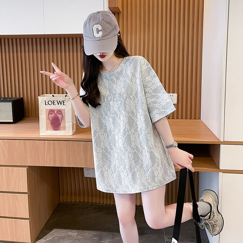 Women Self Design Round Neck Cotton Oversized T-shirt