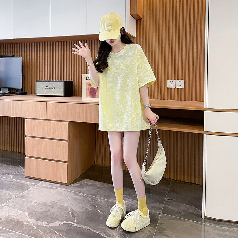 Women Self Design Round Neck Cotton Oversized T-shirt