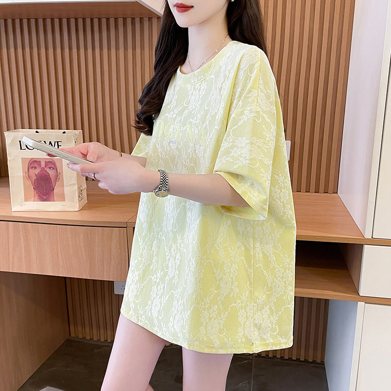 Women Self Design Round Neck Cotton Oversized T-shirt