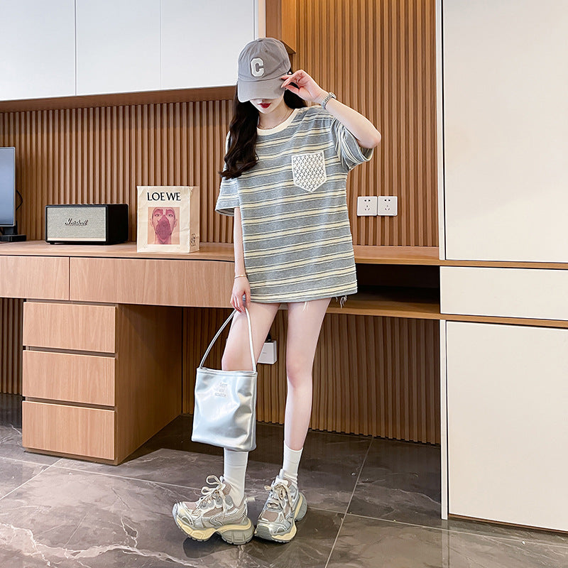 Women Striped Round Neck Cotton Oversized T-shirt