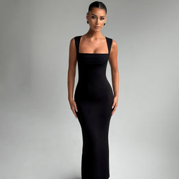 Women Solid Choker Neck Bodycon Maxi Dress