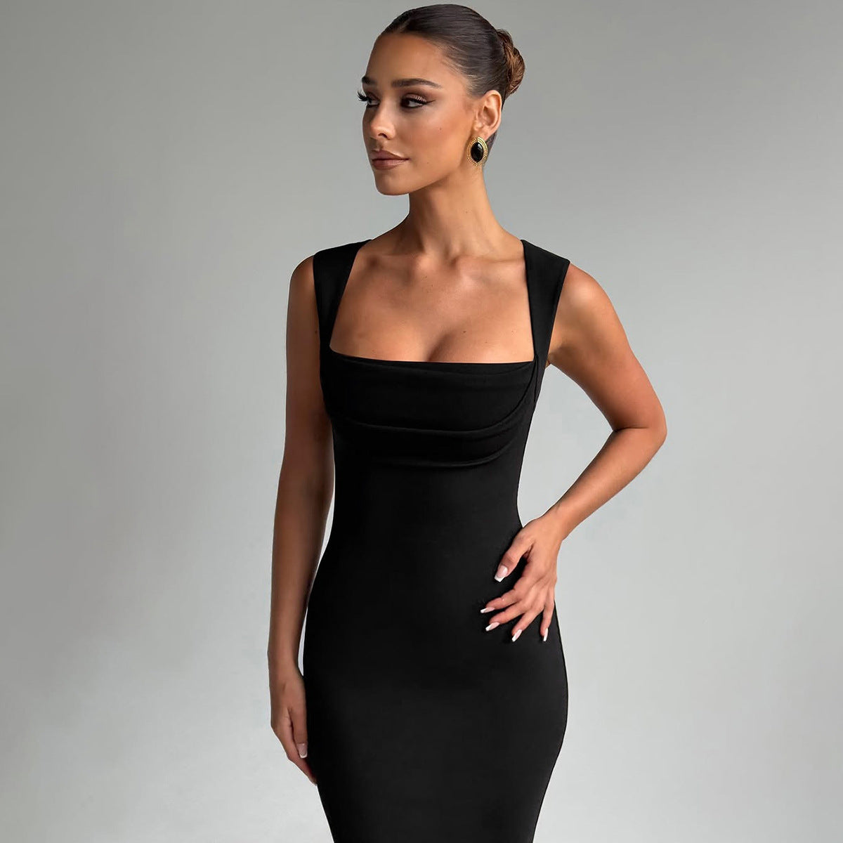 Women Solid Choker Neck Bodycon Maxi Dress