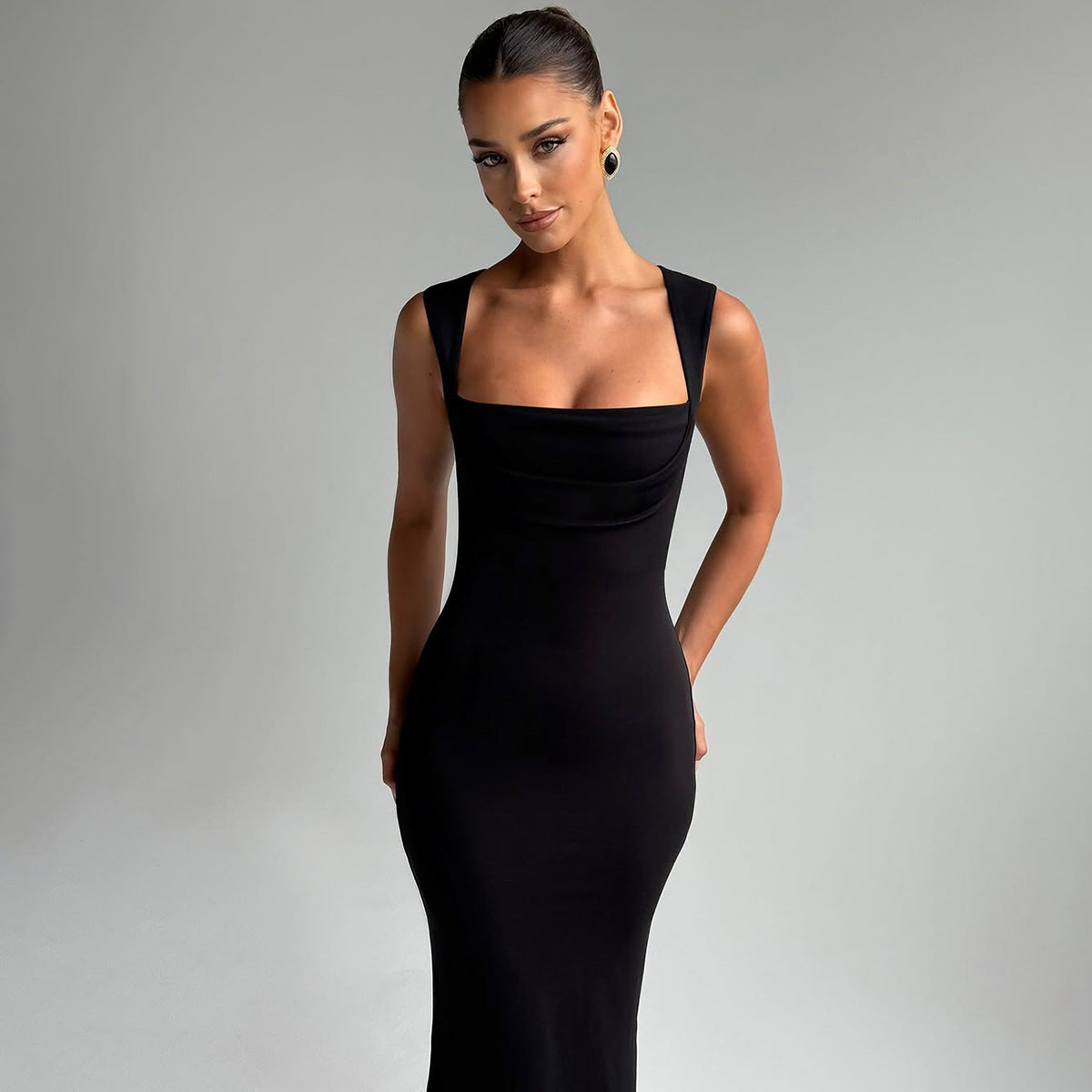 Women Solid Choker Neck Bodycon Maxi Dress