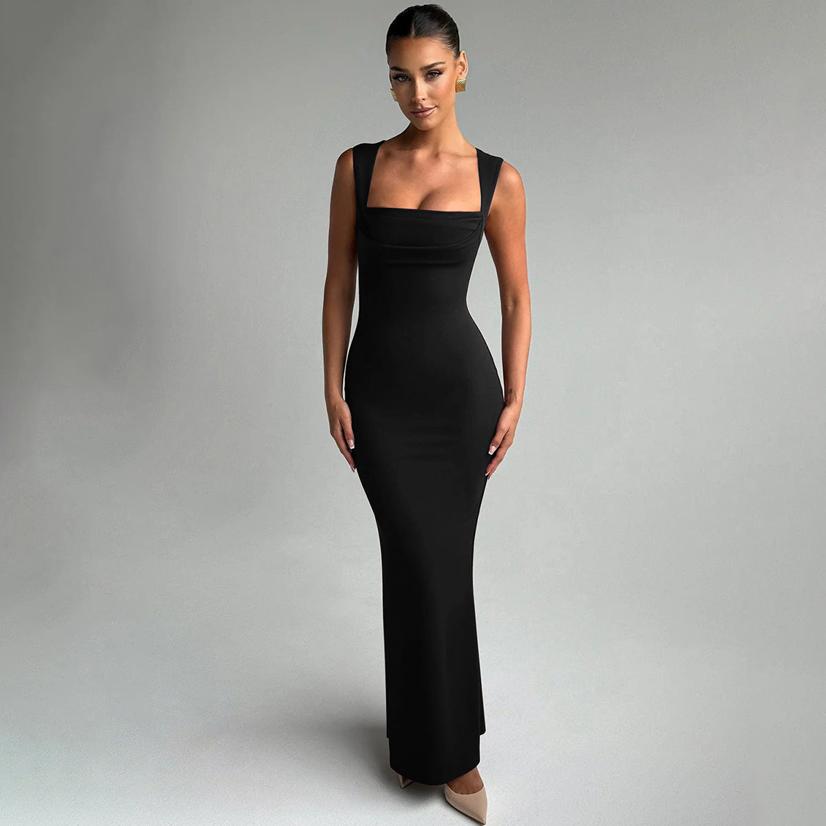 Women Solid Choker Neck Bodycon Maxi Dress