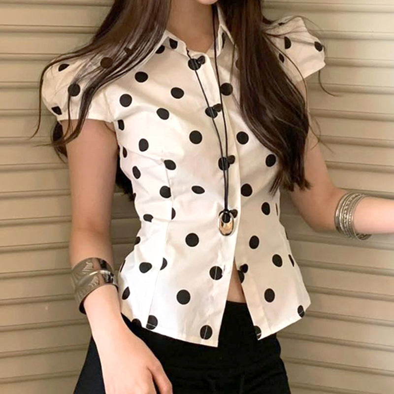 Women Shirt Collar Polka Dot Print Puff Sleeve Top