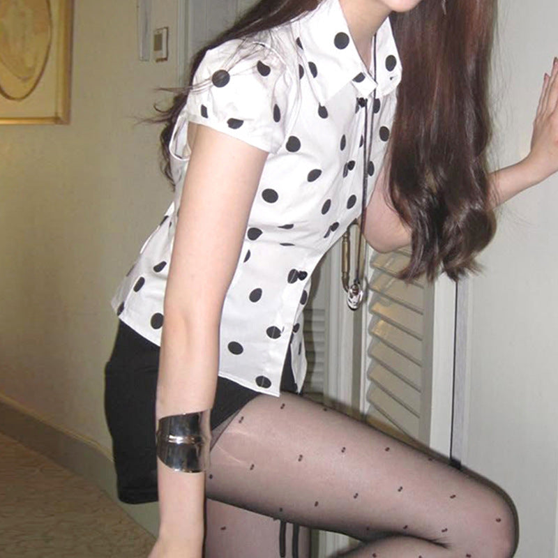 Women Shirt Collar Polka Dot Print Puff Sleeve Top